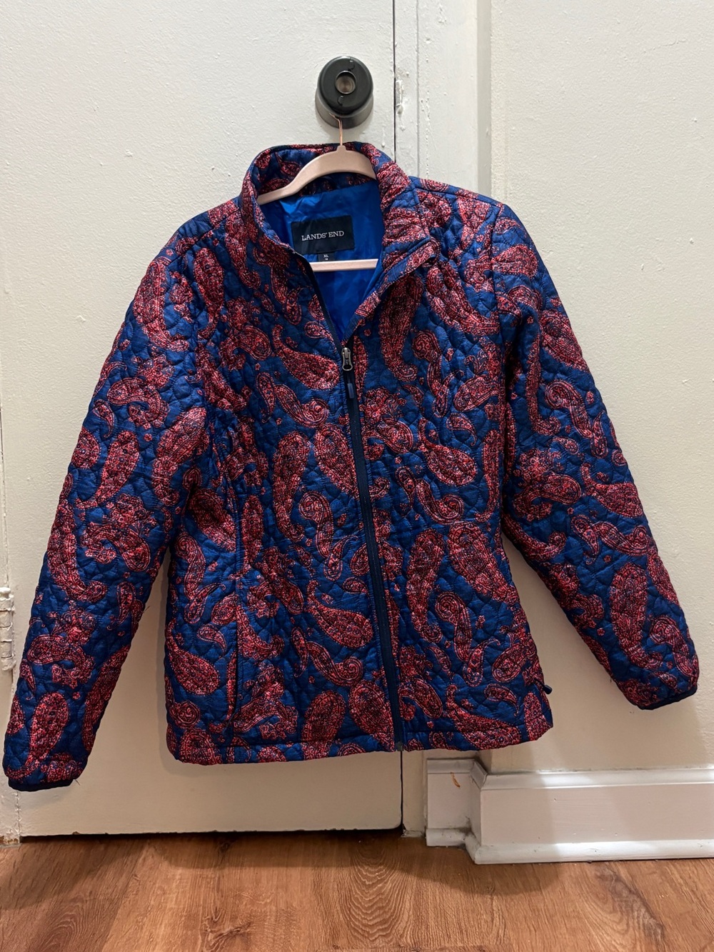 LANDS END Paisley Quilted Insulated Zip-Up Coat Jacket Blue Red Size XL - Picture 2 of 10